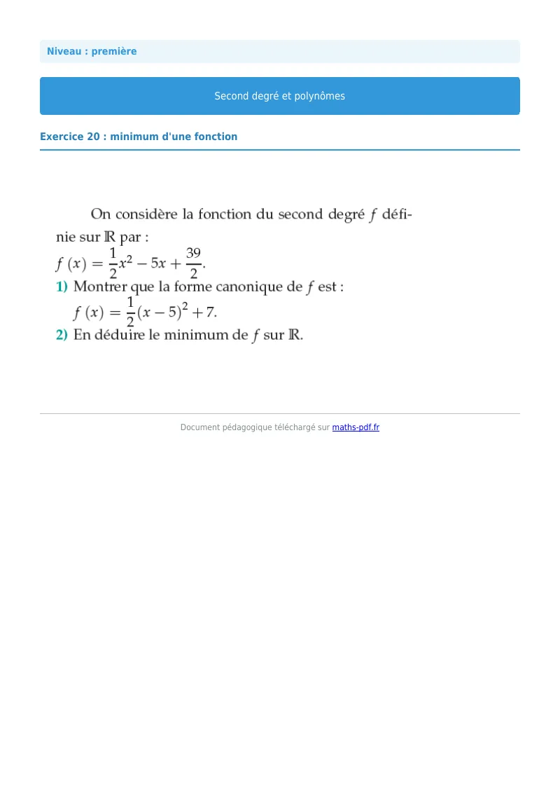 Second degré et polynômes : exercice n°20 de maths en première corrigé en PDF