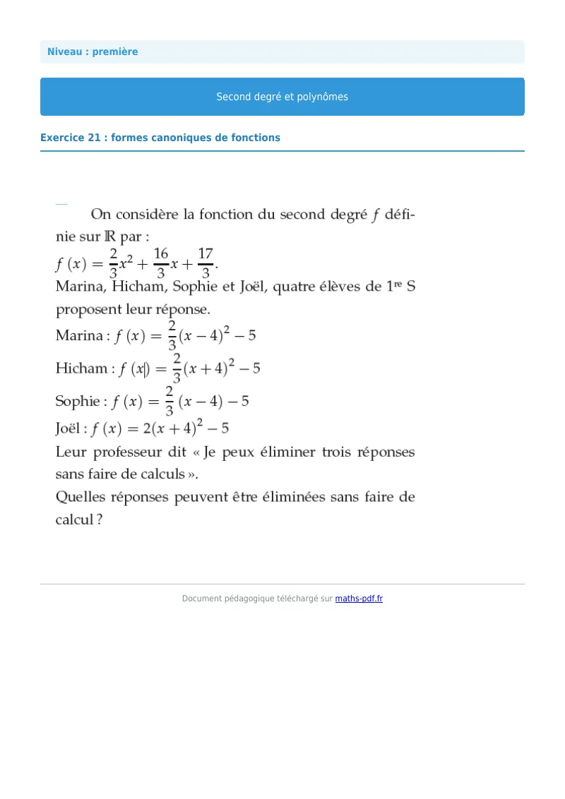 Second degré et polynômes : exercice n°21 de maths en première corrigé en PDF