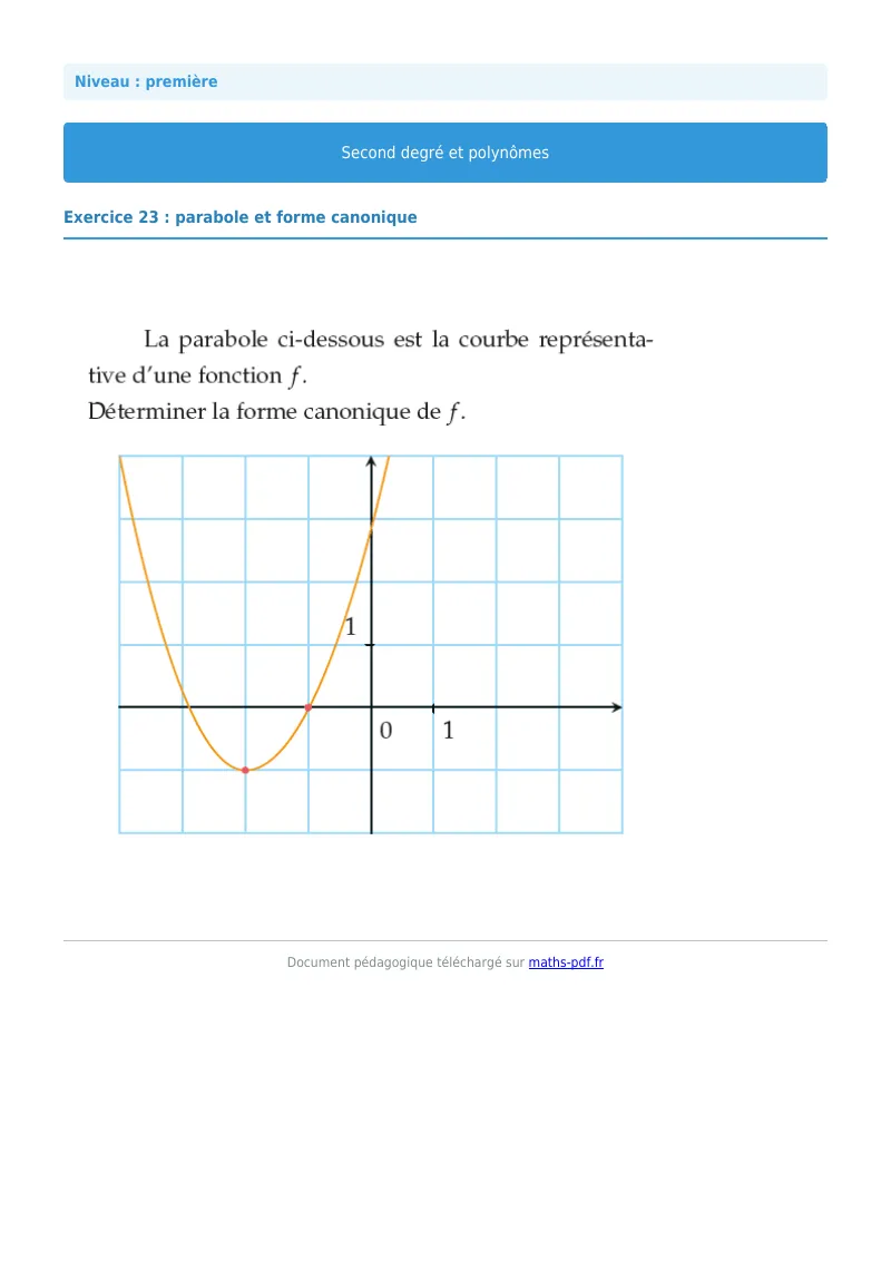 Second degré et polynômes : exercice n°23 de maths en première corrigé en PDF
