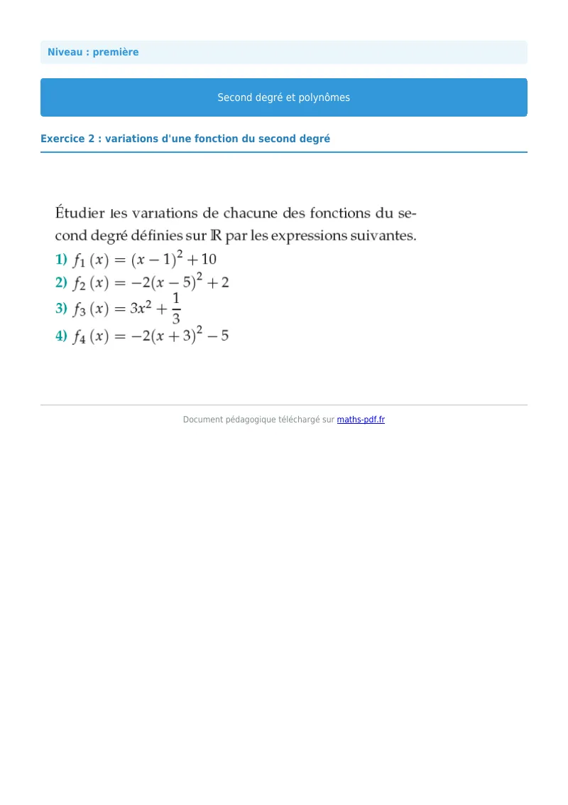 Second degré et polynômes : exercice n°2 de maths en première corrigé en PDF