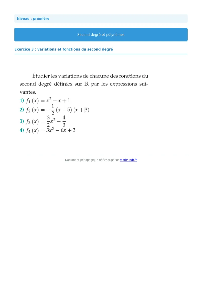 Second degré et polynômes : exercice n°3 de maths en première corrigé en PDF