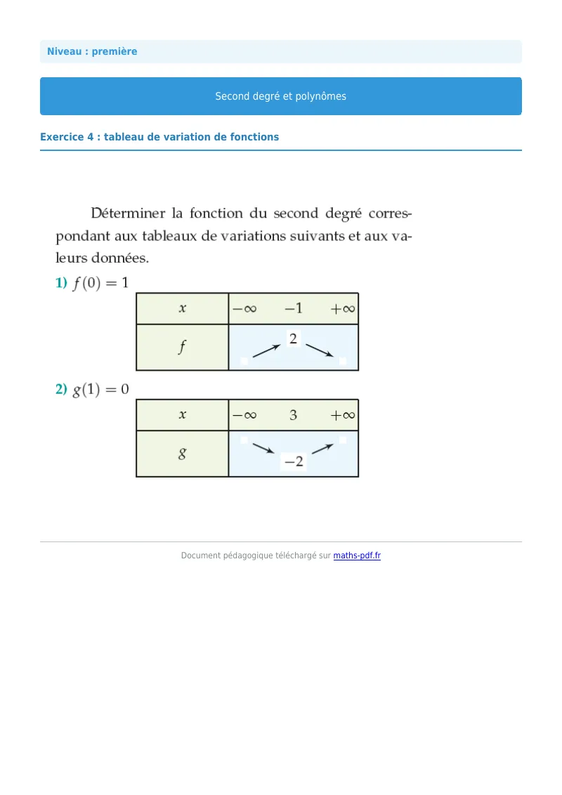 Second degré et polynômes : exercice n°4 de maths en première corrigé en PDF