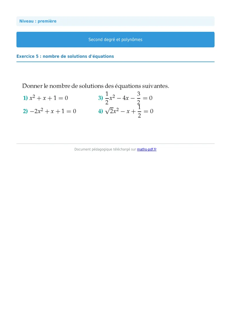 Second degré et polynômes : exercice n°5 de maths en première corrigé en PDF