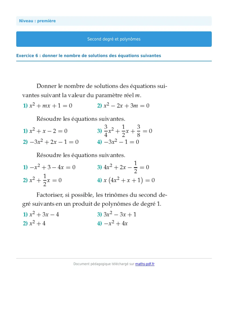 Second degré et polynômes : exercice n°6 de maths en première corrigé en PDF