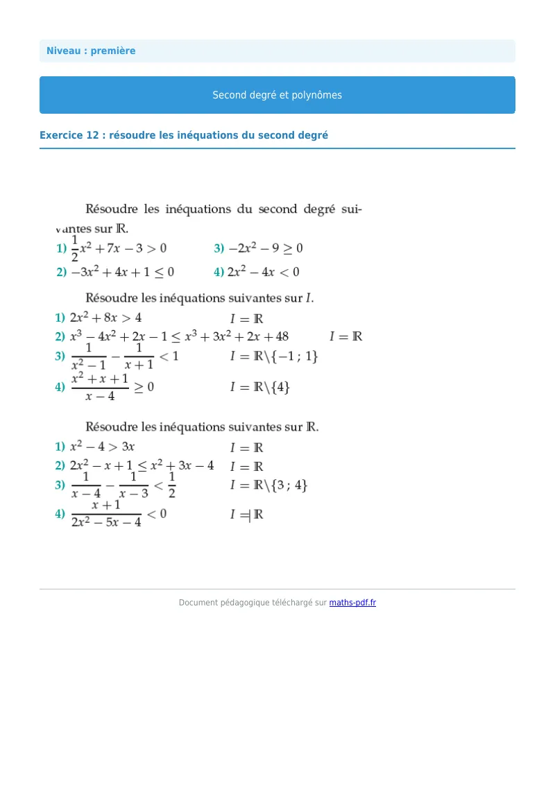 Second degré et polynômes : exercice n°12 de maths en première corrigé en PDF