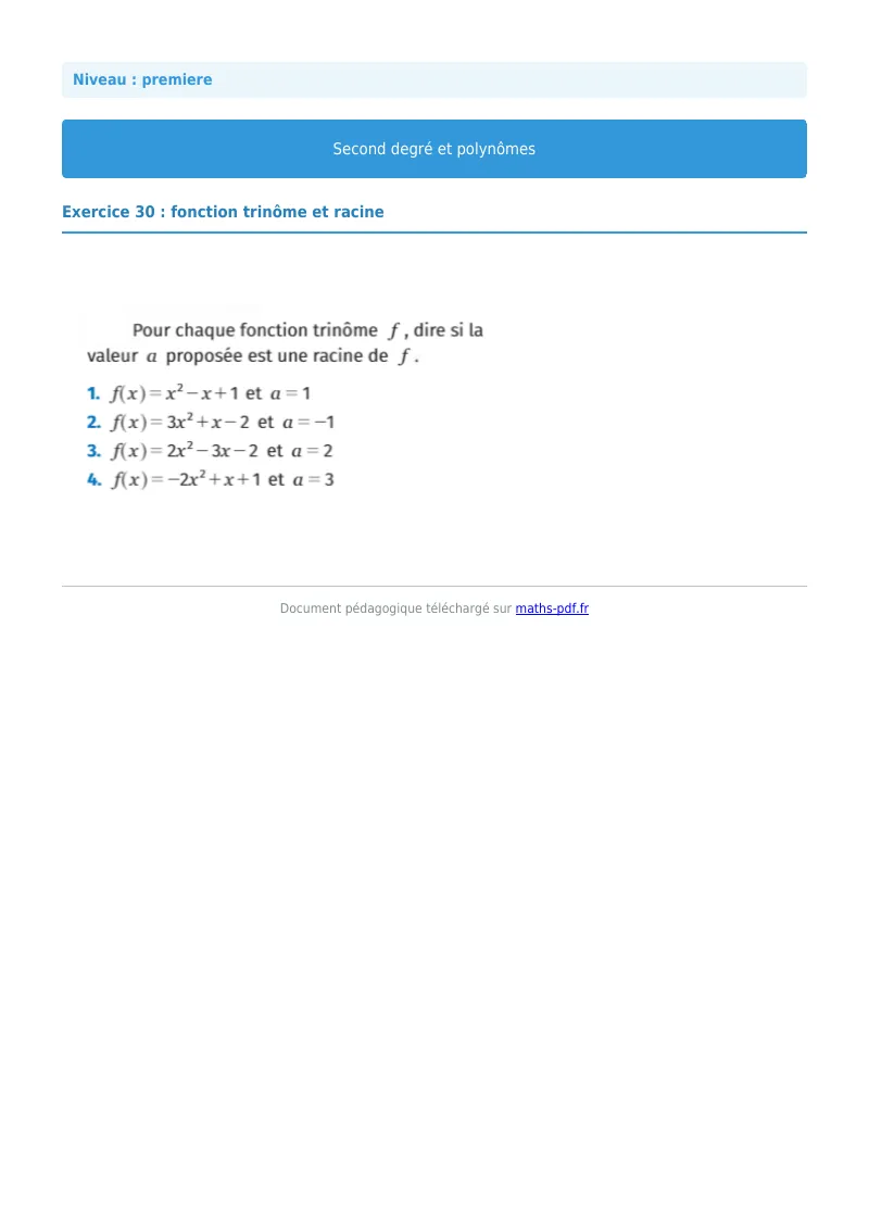Second degré et polynômes : exercice n°30 de maths en première corrigé en PDF