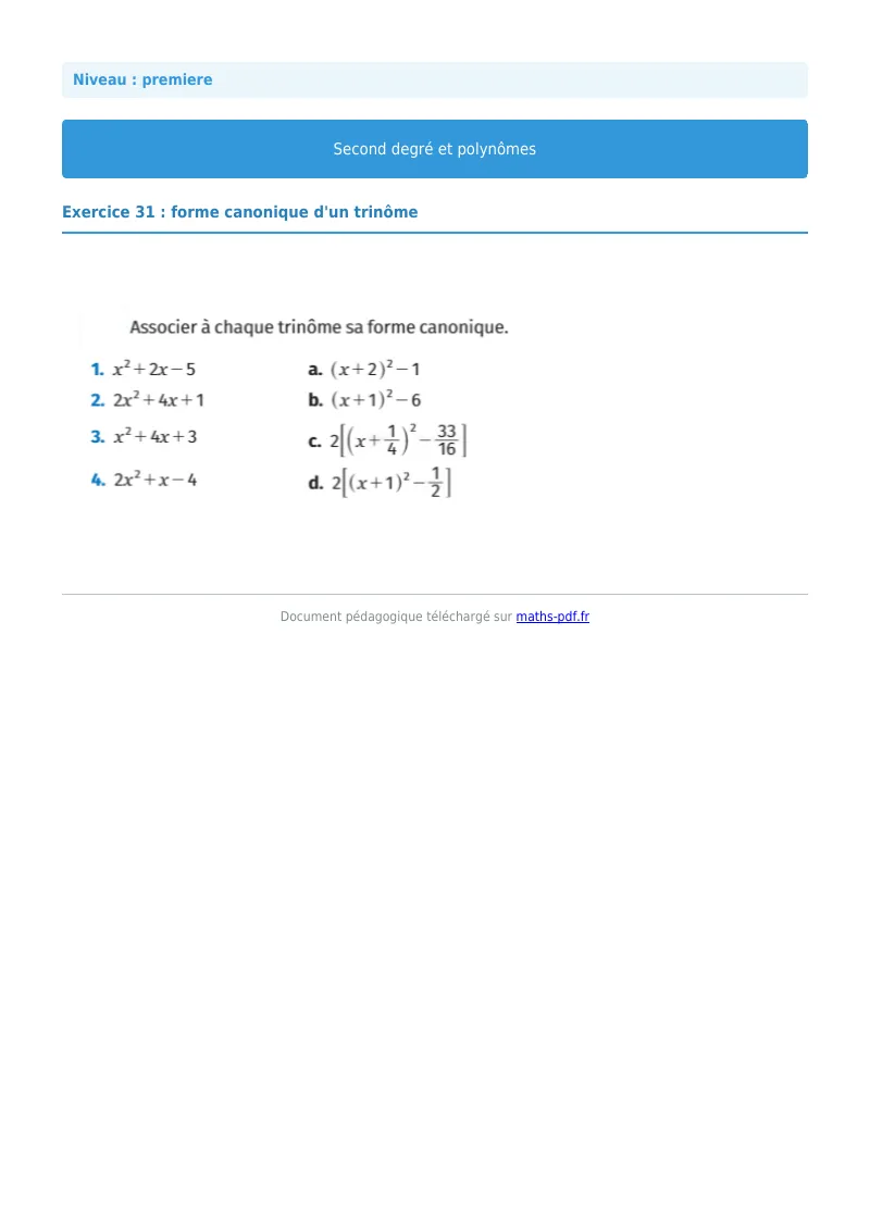 Second degré et polynômes : exercice n°31 de maths en première corrigé en PDF
