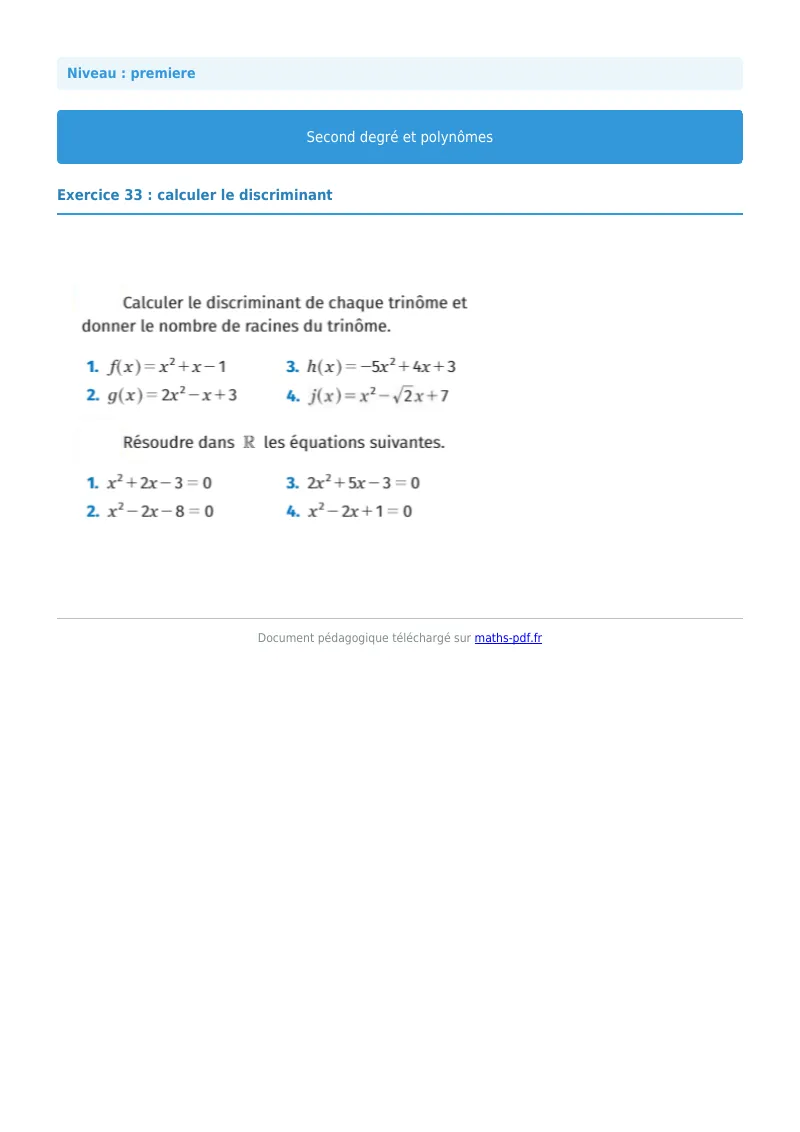 Second degré et polynômes : exercice n°33 de maths en première corrigé en PDF