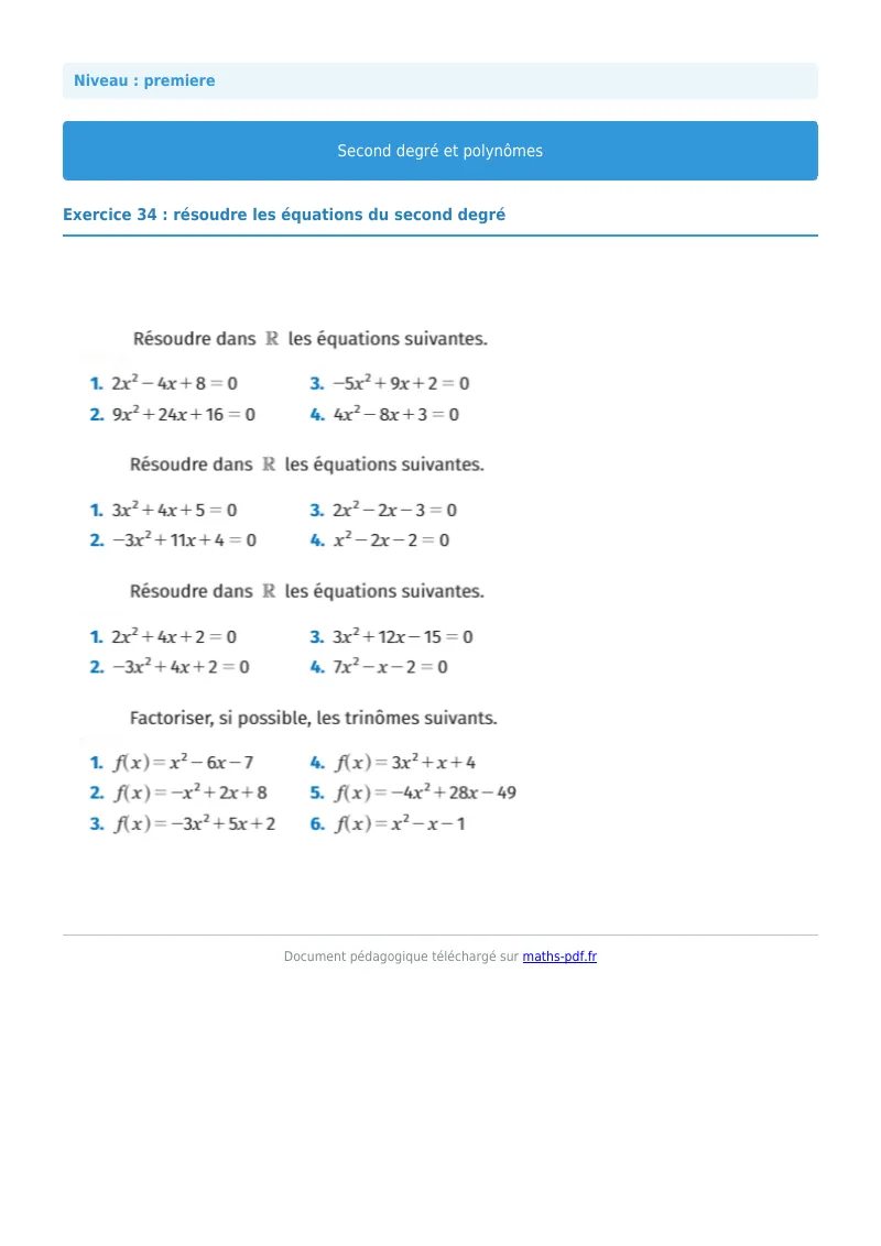 Second degré et polynômes : exercice n°34 de maths en première corrigé en PDF