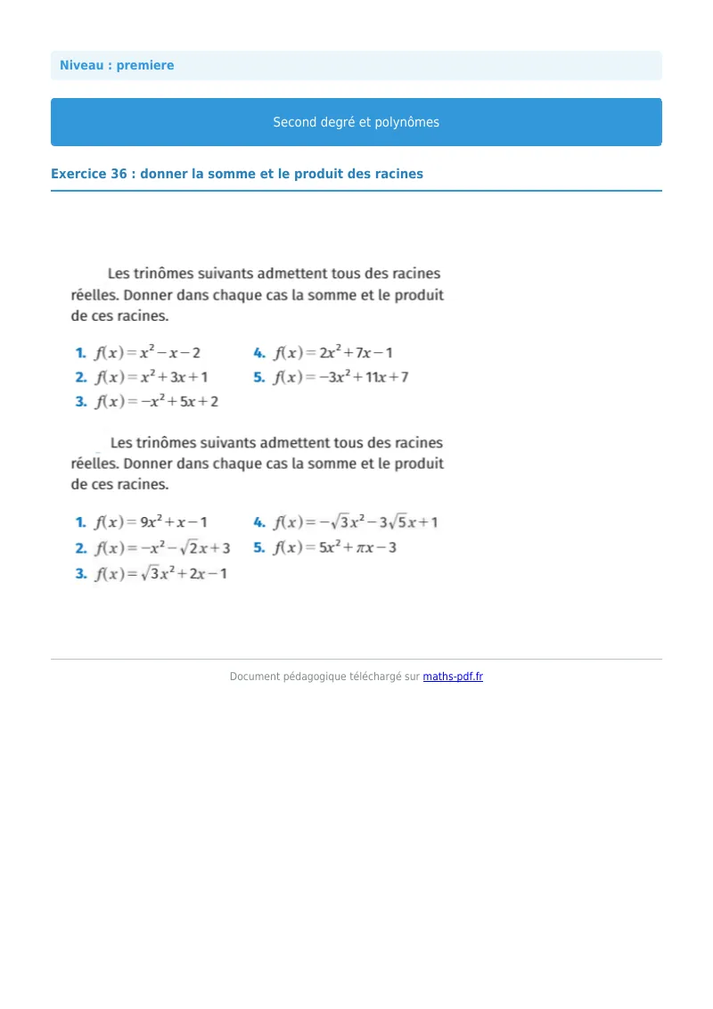 Second degré et polynômes : exercice n°36 de maths en première corrigé en PDF