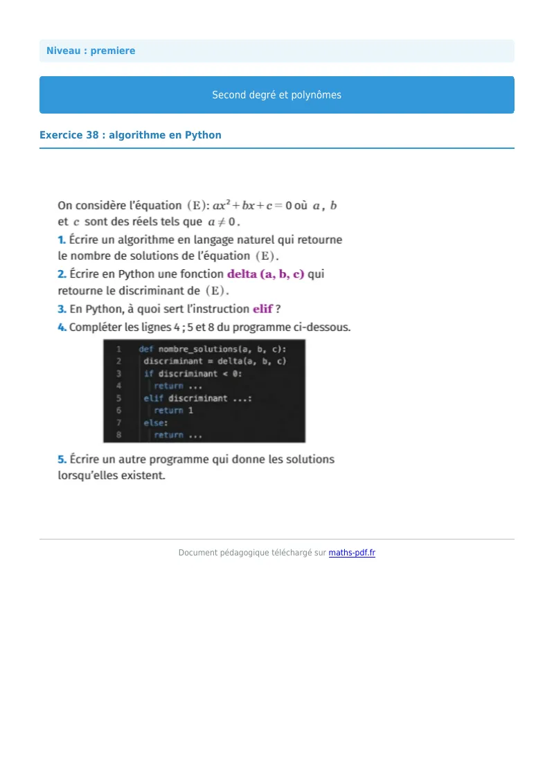 Second degré et polynômes : exercice n°38 de maths en première corrigé en PDF