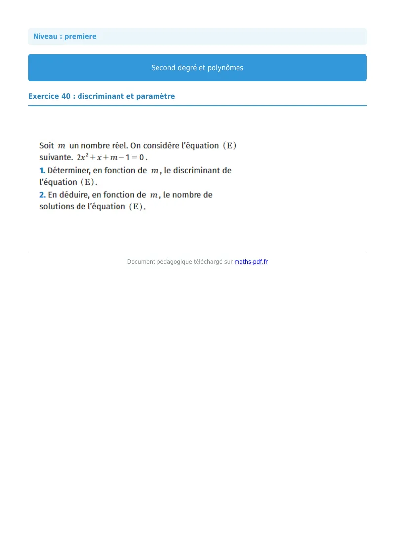 Second degré et polynômes : exercice n°40 de maths en première corrigé en PDF