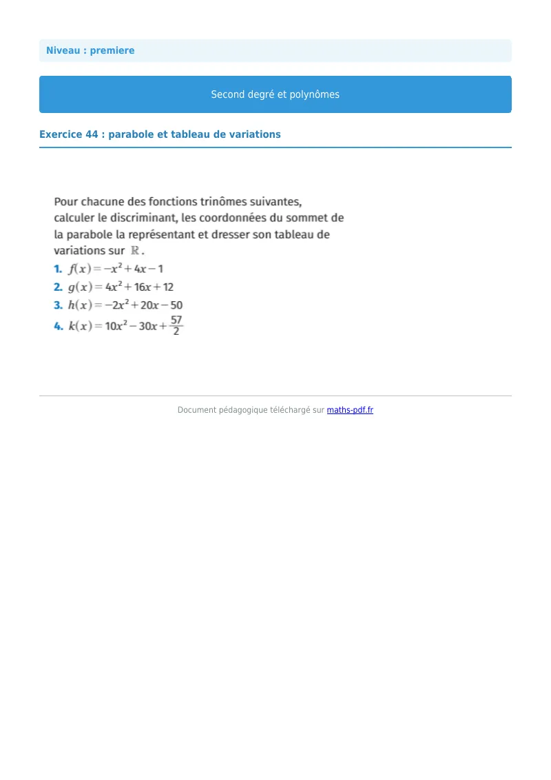 Second degré et polynômes : exercice n°44 de maths en première corrigé en PDF