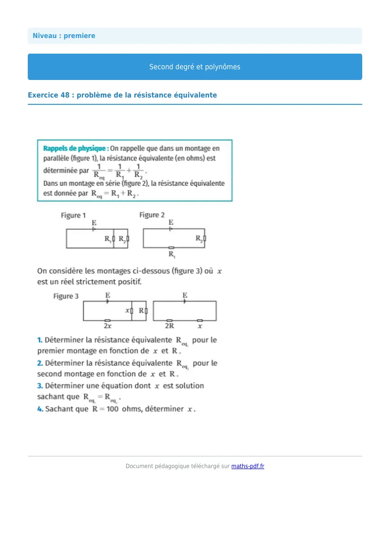 Second degré et polynômes : exercice n°48 de maths en première corrigé en PDF