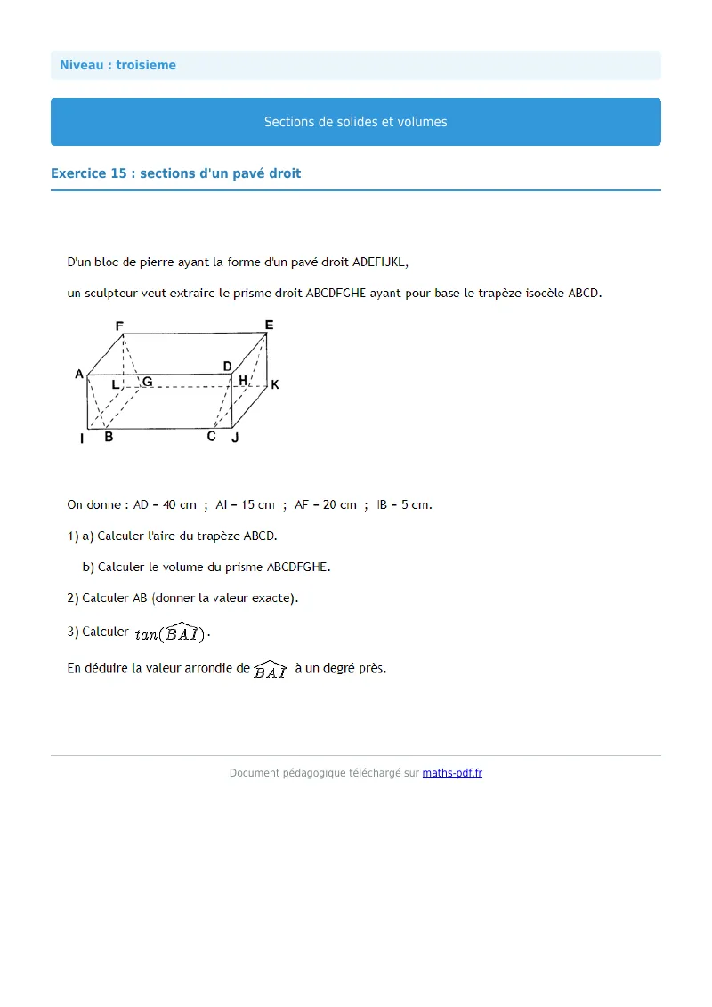 Sections de solides et volumes : exercice n°15 de maths en 3ème corrigé en PDF