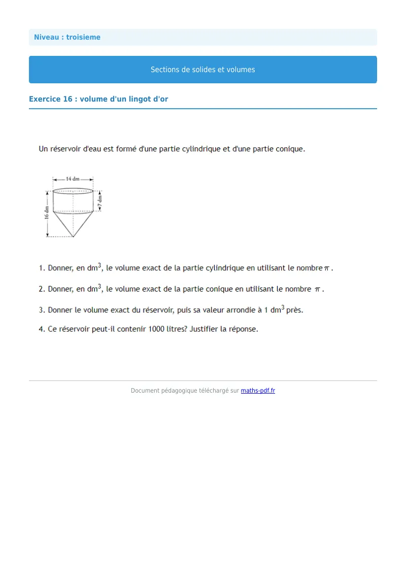 Sections de solides et volumes : exercice n°16 de maths en 3ème corrigé en PDF