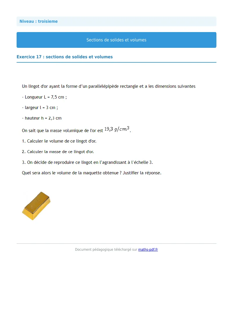 Sections de solides et volumes : exercice n°17 de maths en 3ème corrigé en PDF