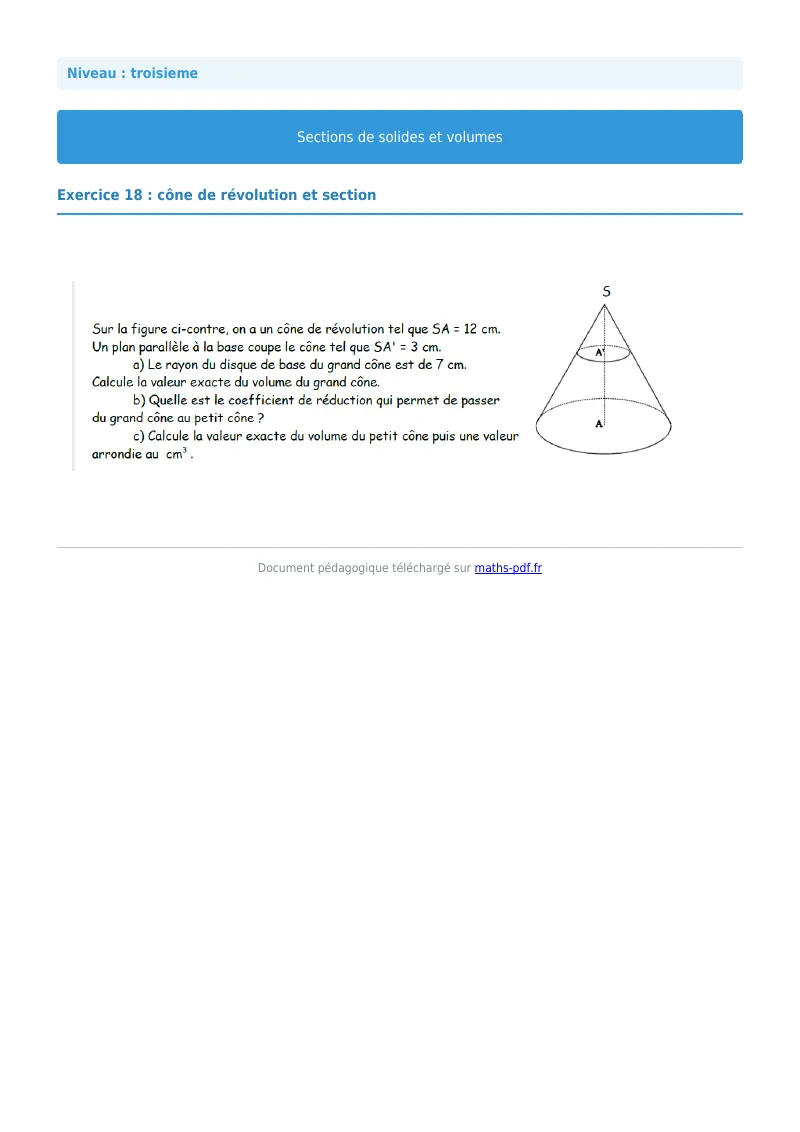 Sections de solides et volumes : exercice n°18 de maths en 3ème corrigé en PDF