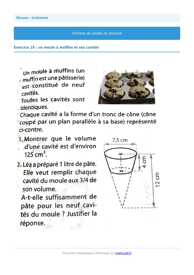 Sections de solides et volumes : exercice n°19 de maths en 3ème corrigé en PDF