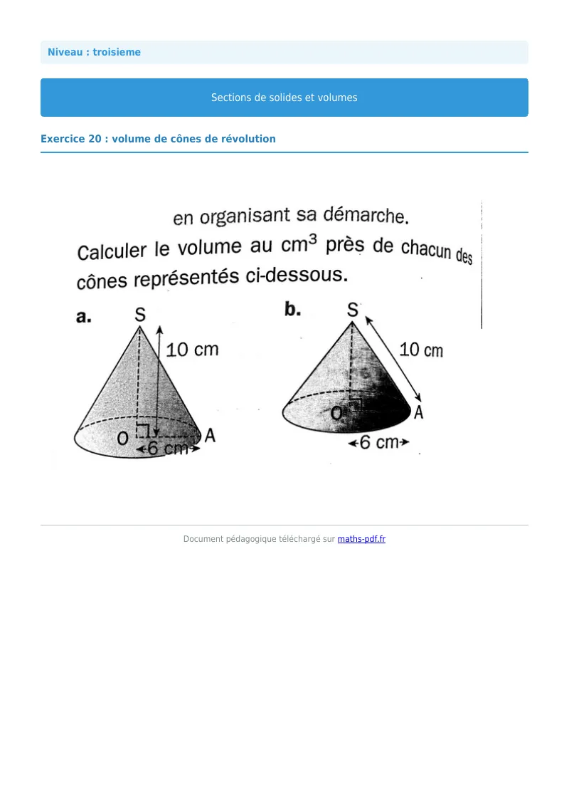 Sections de solides et volumes : exercice n°20 de maths en 3ème corrigé en PDF