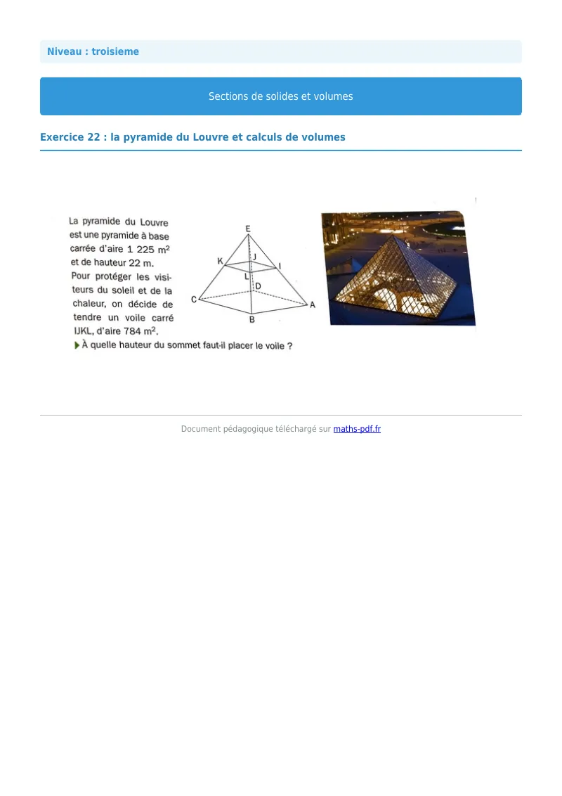 Sections de solides et volumes : exercice n°22 de maths en 3ème corrigé en PDF