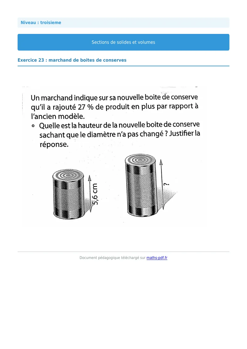 Sections de solides et volumes : exercice n°23 de maths en 3ème corrigé en PDF