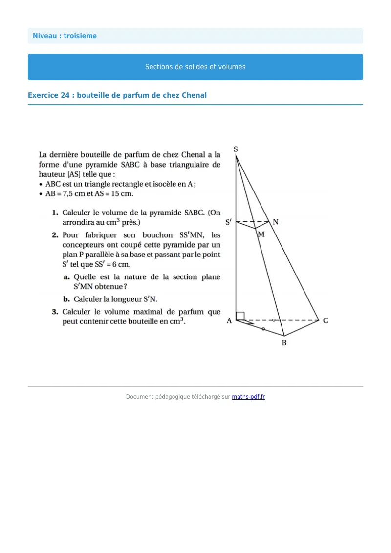 Sections de solides et volumes : exercice n°24 de maths en 3ème corrigé en PDF