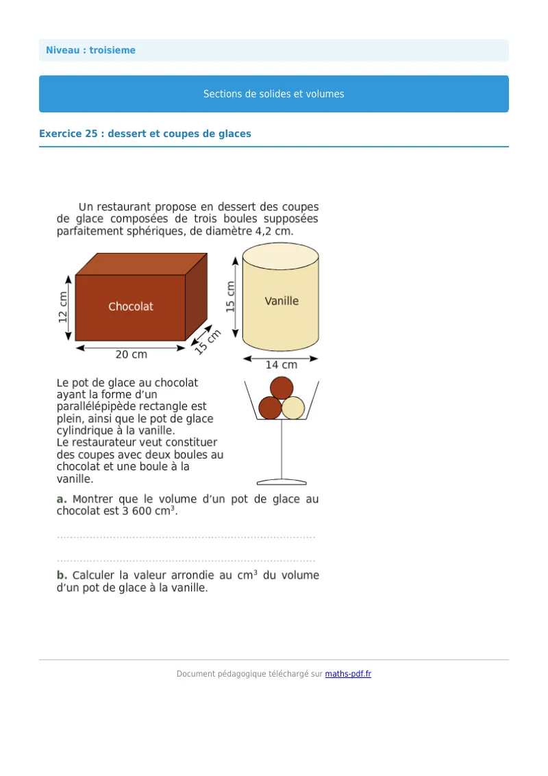 Sections de solides et volumes : exercice n°25 de maths en 3ème corrigé en PDF