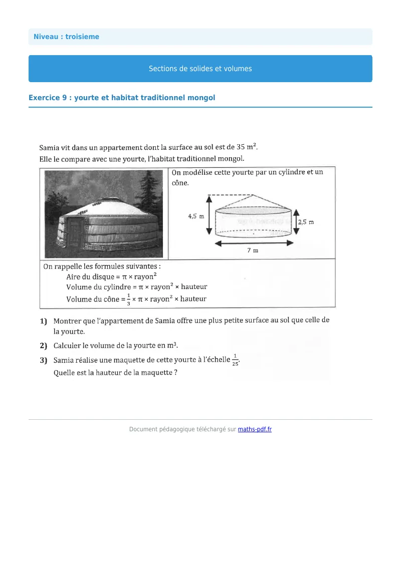 Sections de solides et volumes : exercice n°27 de maths en 3ème corrigé en PDF