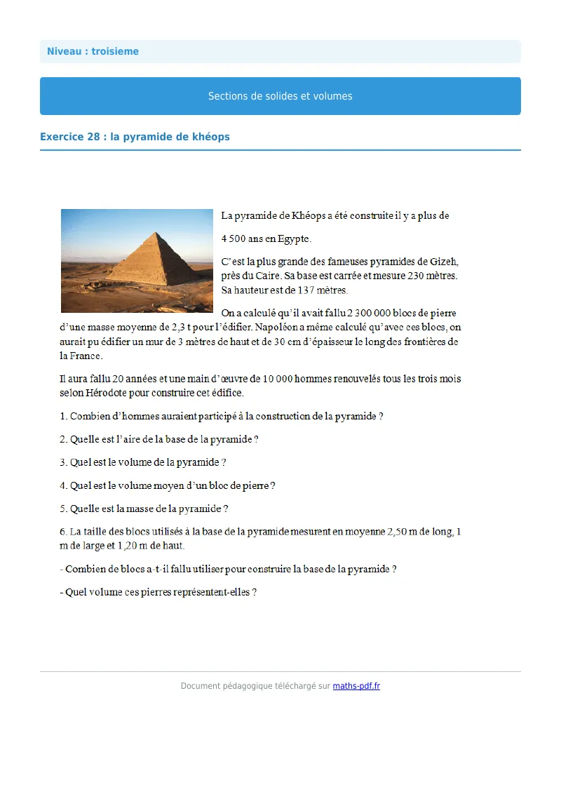 Sections de solides et volumes : exercice n°28 de maths en 3ème corrigé en PDF