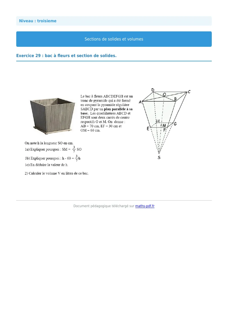 Sections de solides et volumes : exercice n°29 de maths en 3ème corrigé en PDF