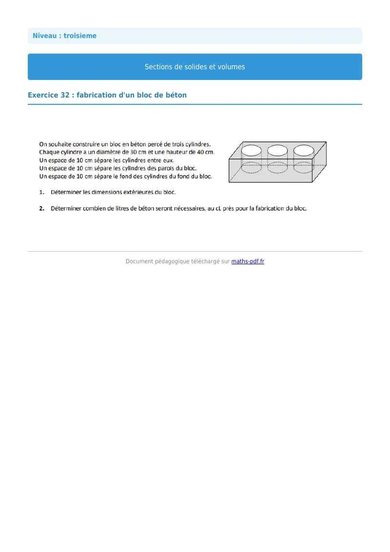 Sections de solides et volumes : exercice n°32 de maths en 3ème corrigé en PDF