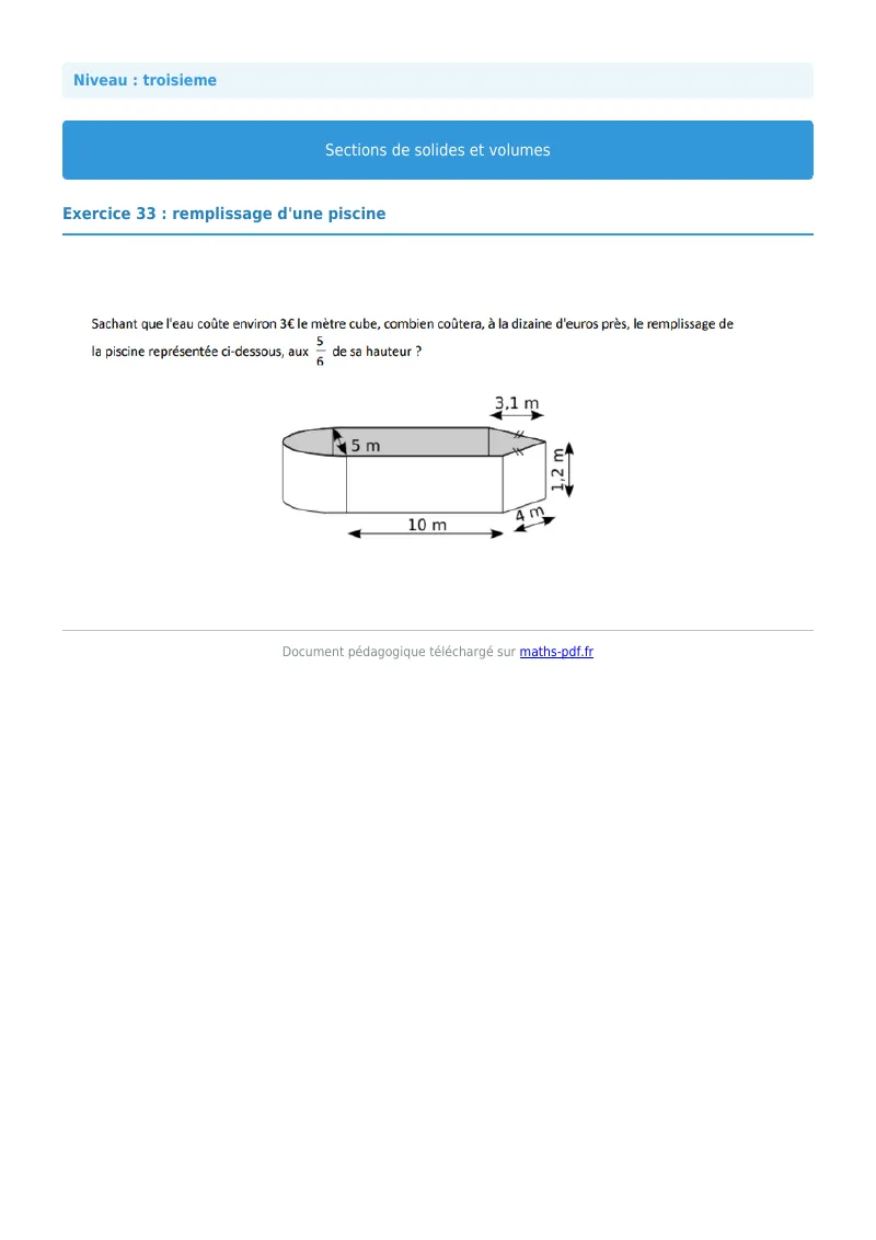 Sections de solides et volumes : exercice n°33 de maths en 3ème corrigé en PDF