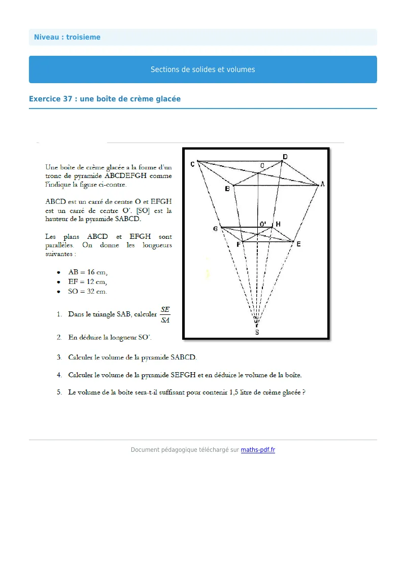 Sections de solides et volumes : exercice n°37 de maths en 3ème corrigé en PDF