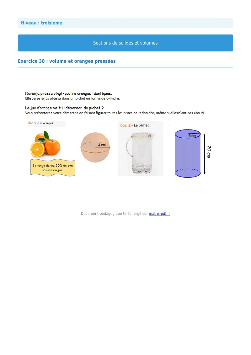 Sections de solides et volumes : exercice n°38 de maths en 3ème corrigé en PDF
