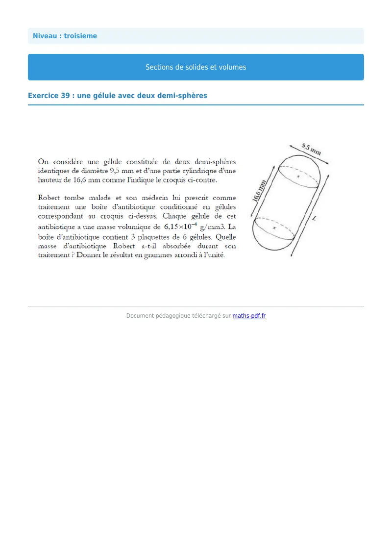 Sections de solides et volumes : exercice n°39 de maths en 3ème corrigé en PDF