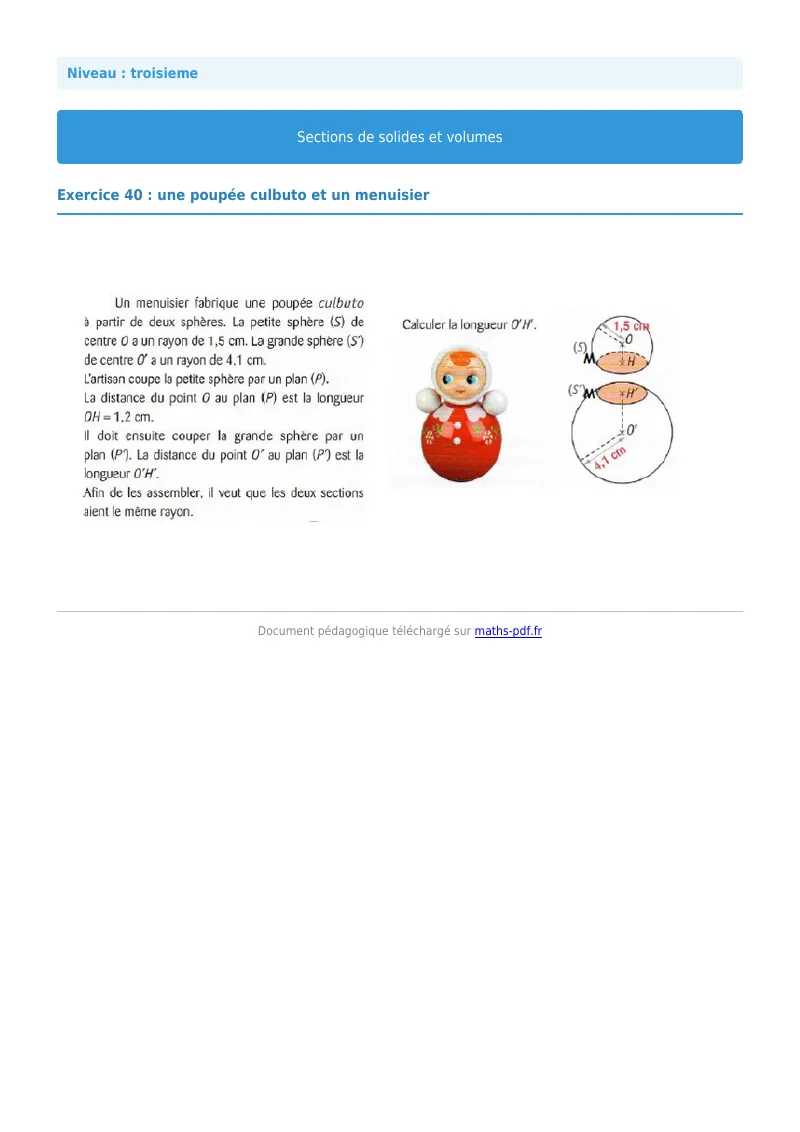 Sections de solides et volumes : exercice n°40 de maths en 3ème corrigé en PDF