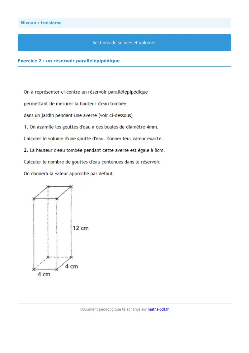 Sections de solides et volumes : exercice n°2 de maths en 3ème corrigé en PDF