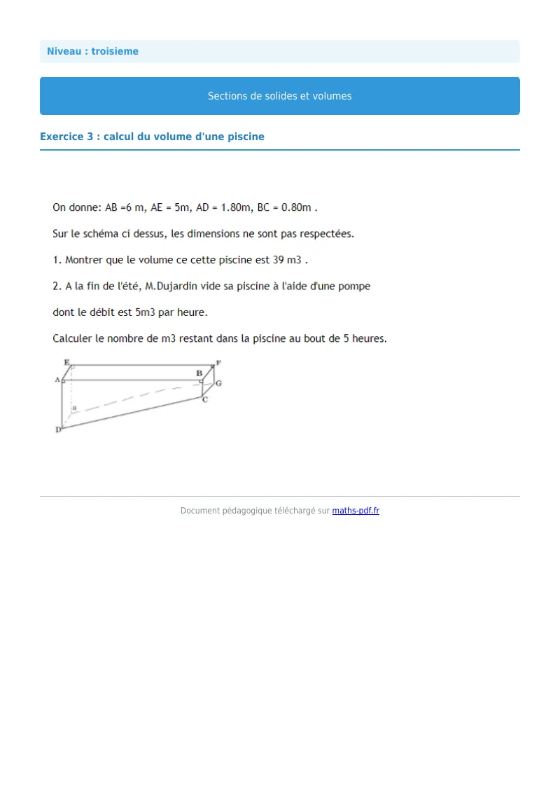 Sections de solides et volumes : exercice n°3 de maths en 3ème corrigé en PDF