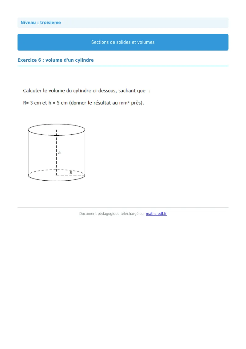 Sections de solides et volumes : exercice n°6 de maths en 3ème corrigé en PDF