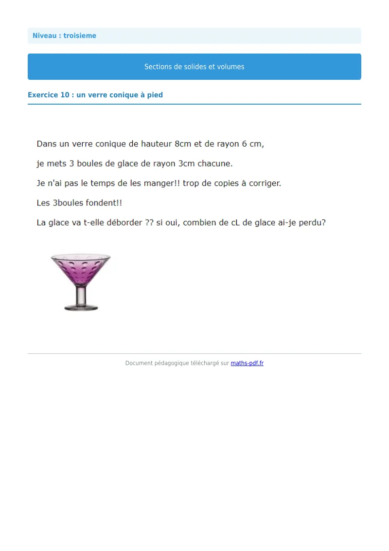 Sections de solides et volumes : exercice n°10 de maths en 3ème corrigé en PDF