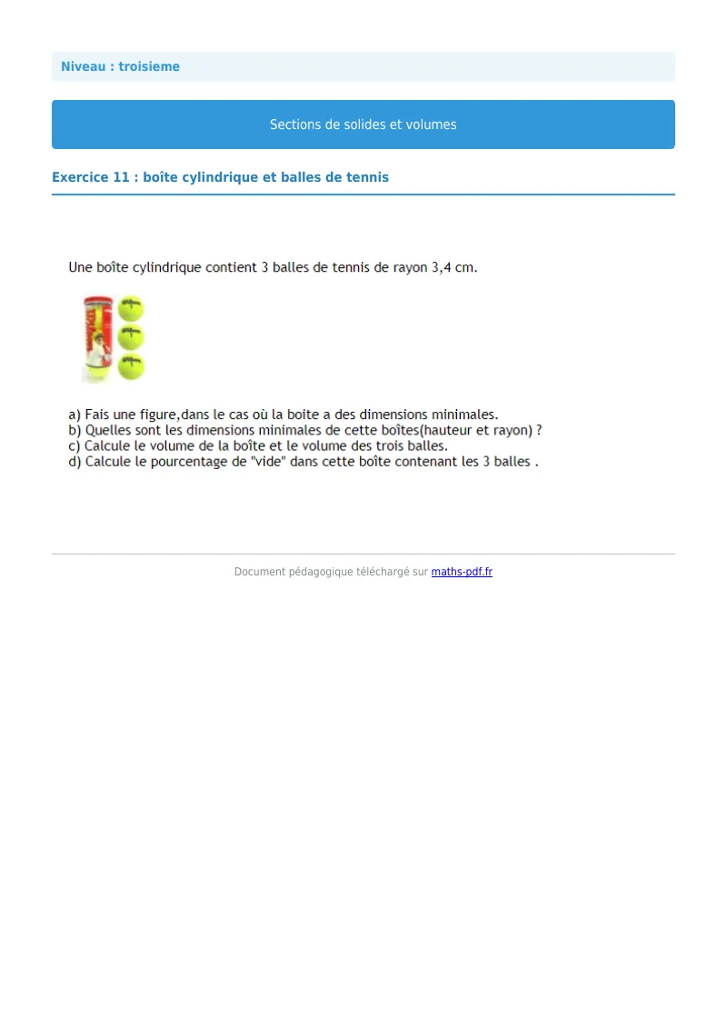 Sections de solides et volumes : exercice n°11 de maths en 3ème corrigé en PDF
