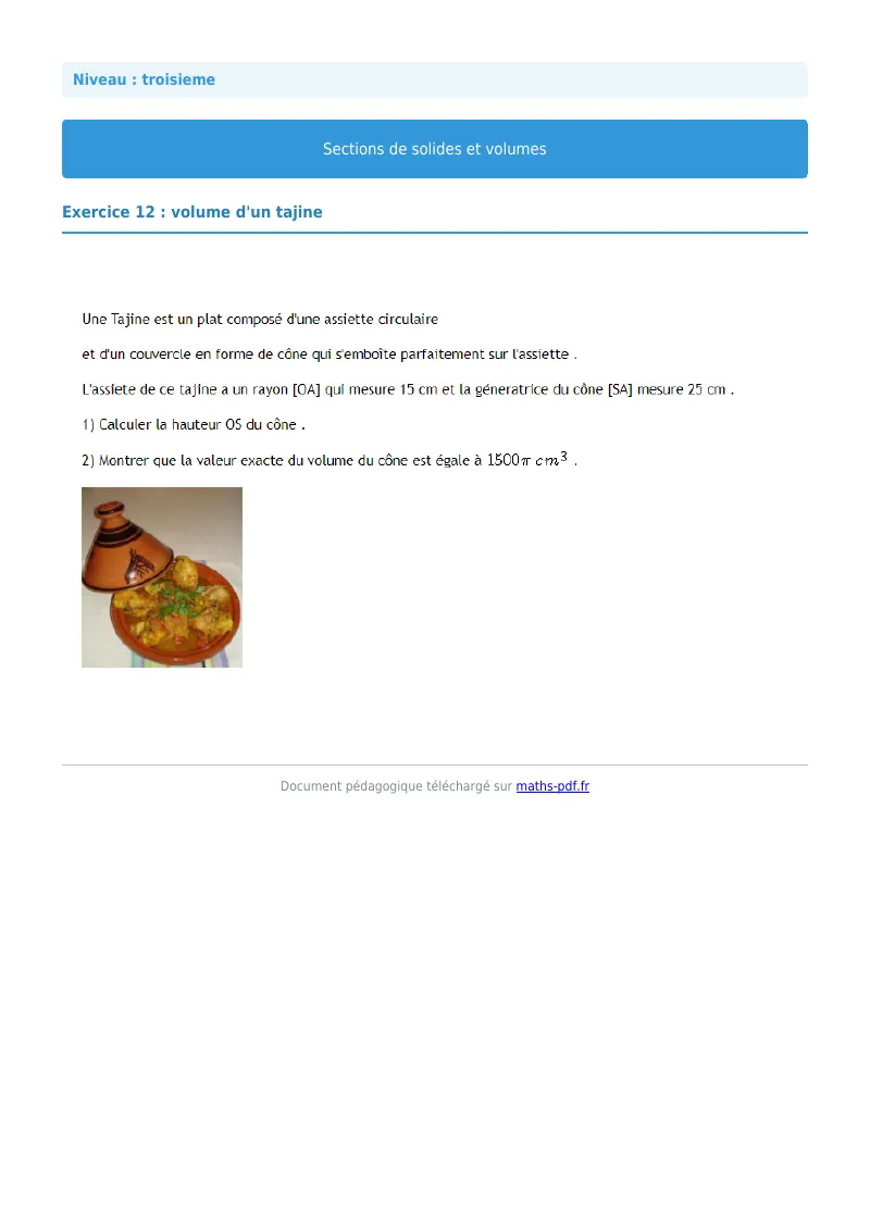 Sections de solides et volumes : exercice n°12 de maths en 3ème corrigé en PDF