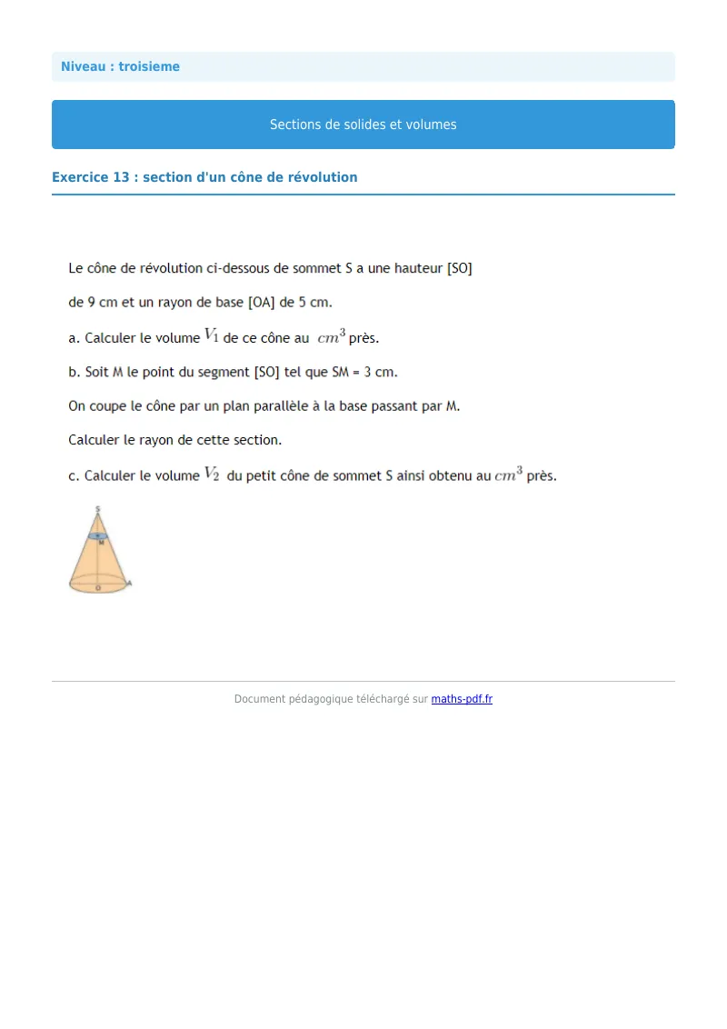 Sections de solides et volumes : exercice n°13 de maths en 3ème corrigé en PDF
