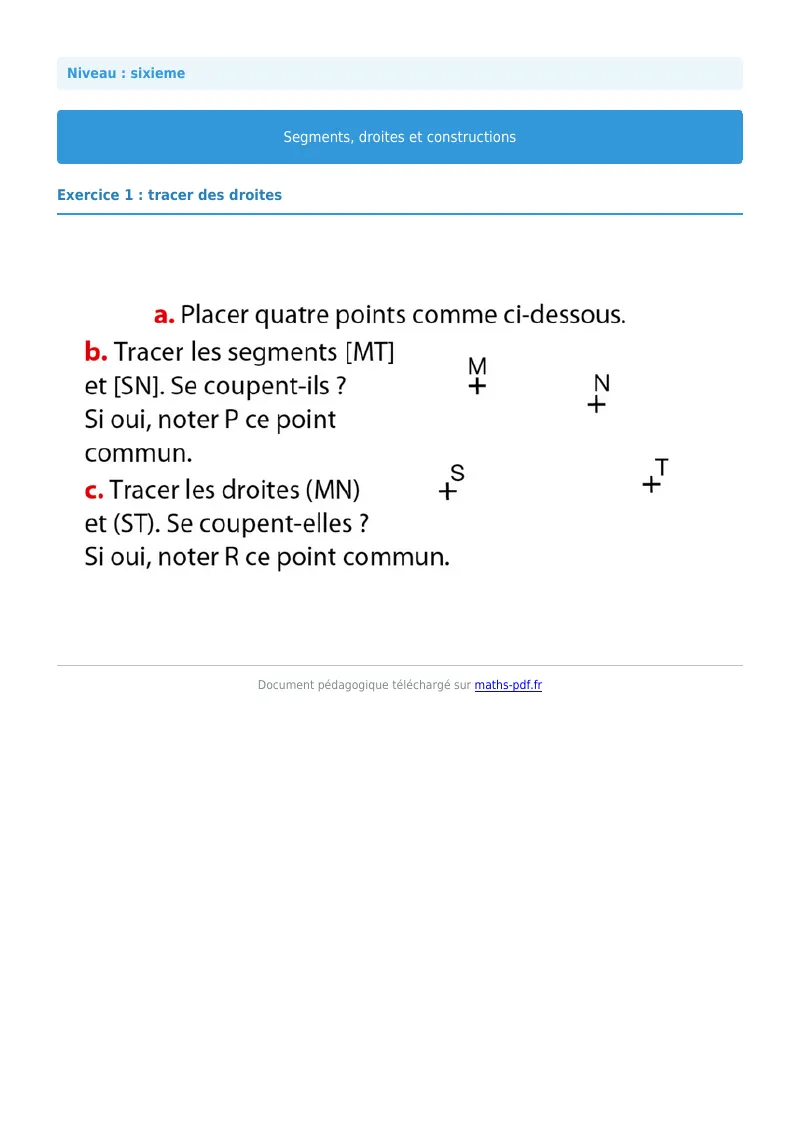 Segments, droites et constructions : exercice n°1 de maths en 6ème corrigé en PDF
