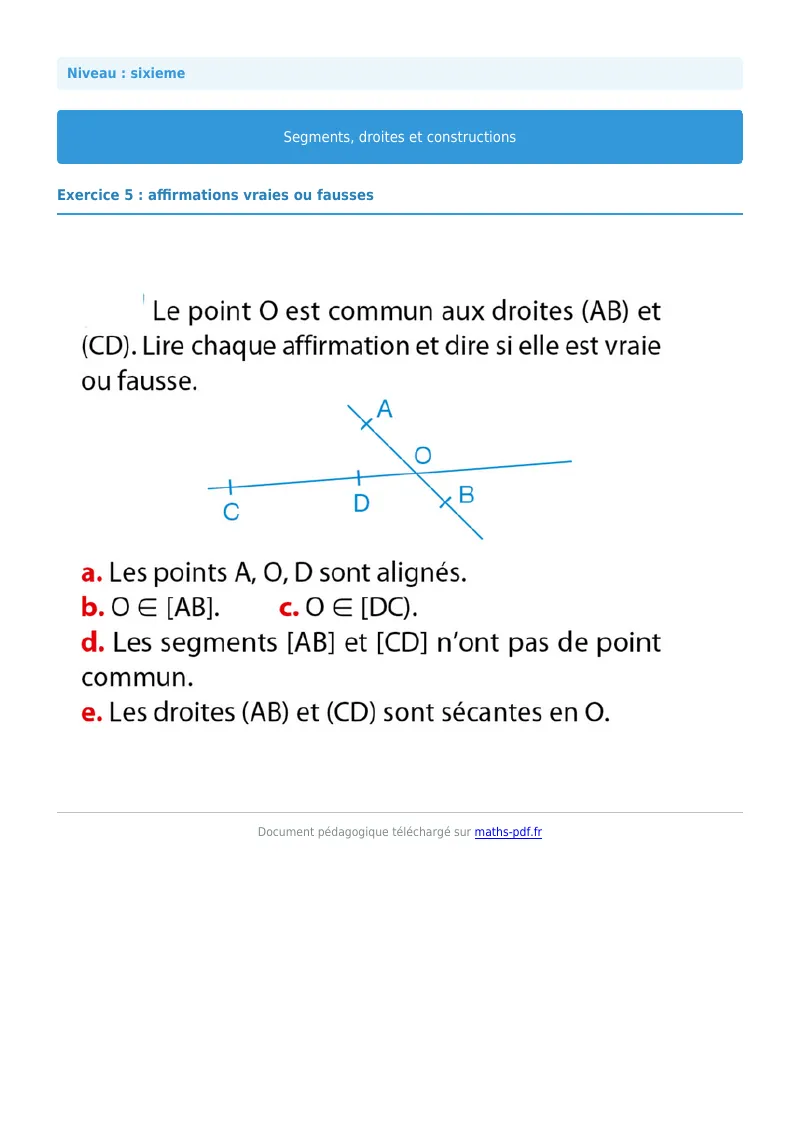 Segments, droites et constructions : exercice n°5 de maths en 6ème corrigé en PDF