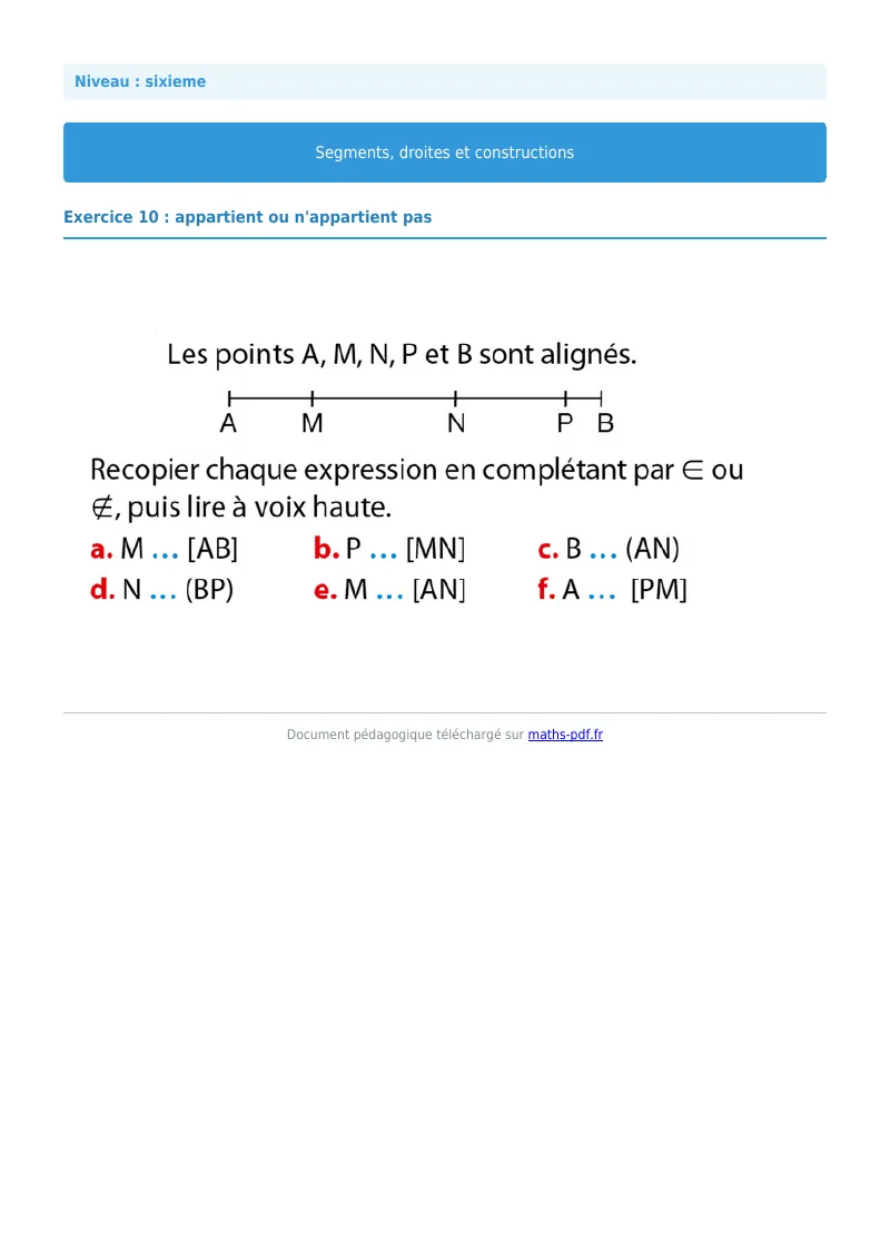 Segments, droites et constructions : exercice n°10 de maths en 6ème corrigé en PDF