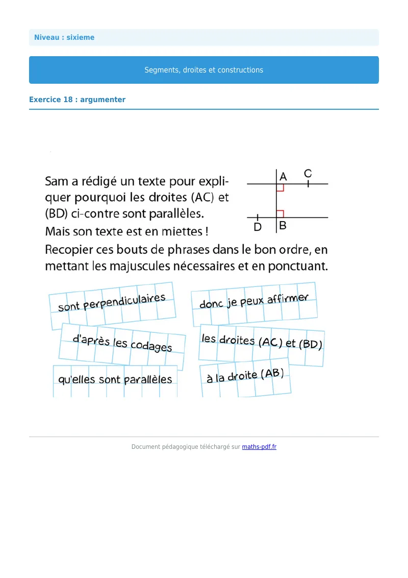Segments, droites et constructions : exercice n°18 de maths en 6ème corrigé en PDF