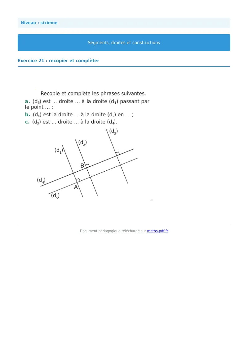 Segments, droites et constructions : exercice n°21 de maths en 6ème corrigé en PDF