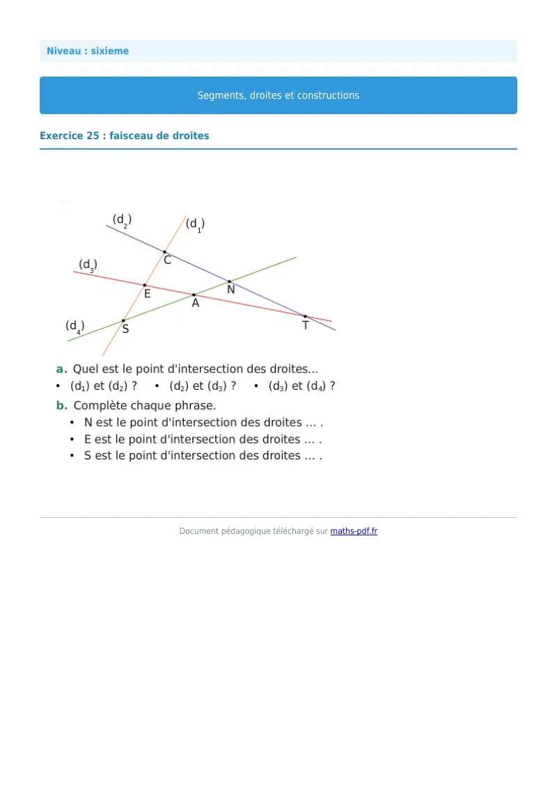 Segments, droites et constructions : exercice n°25 de maths en 6ème corrigé en PDF